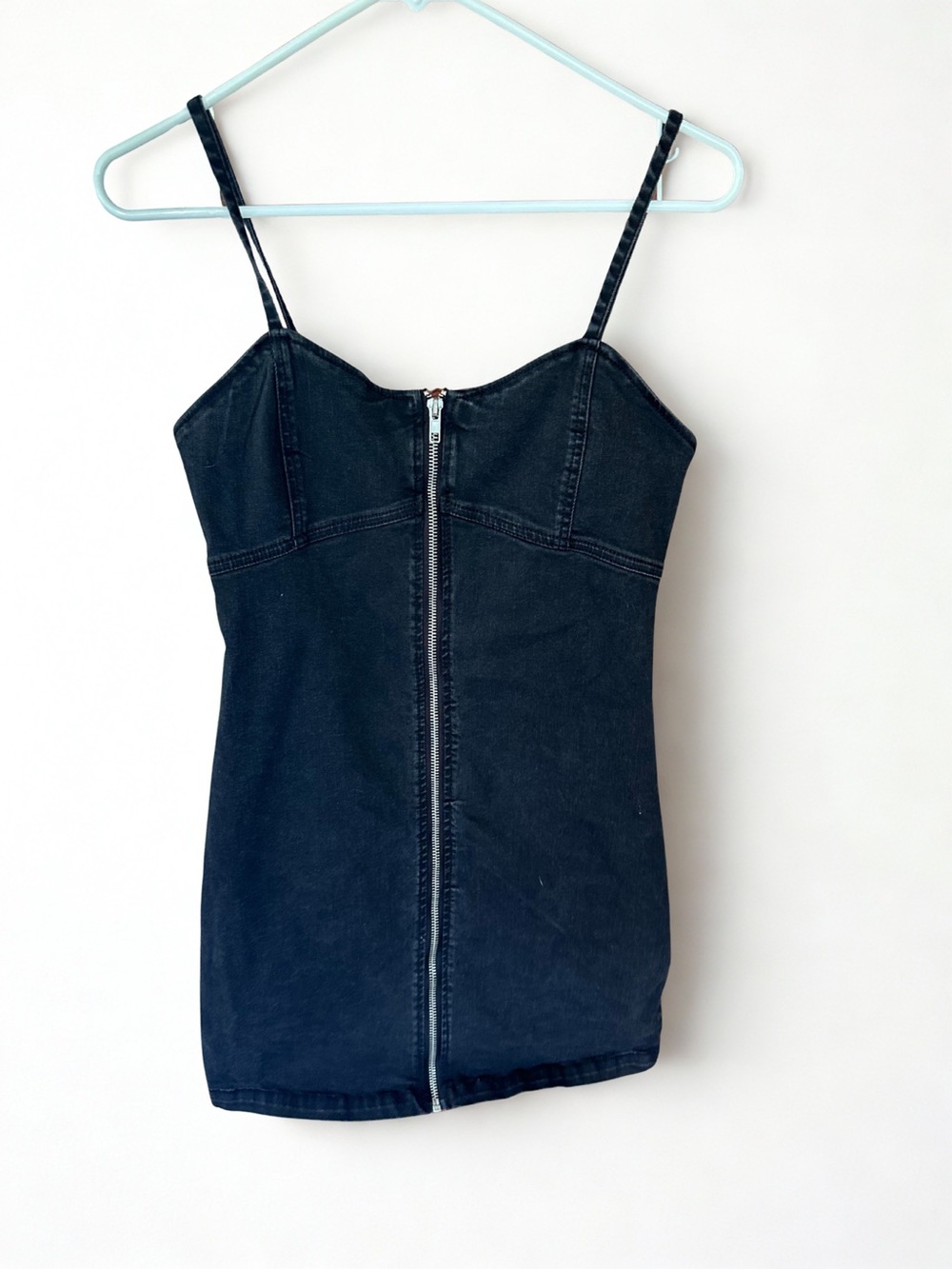 Forever 21 Black Denim Zip-Front Spaghetti Strap Mini Dress